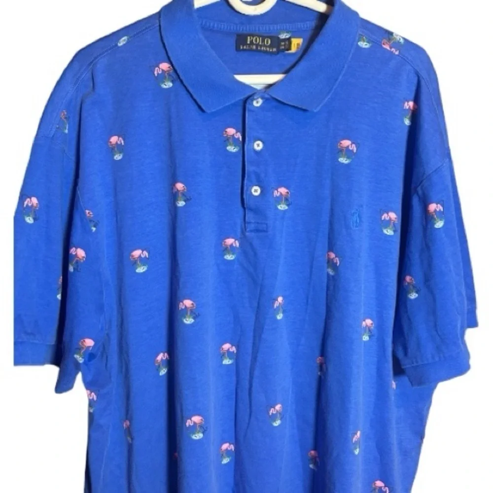 Polo Ralph Lauren Mens 2TG (2X Tall) Short Sleeve Shirt Blue Pink Flamingo